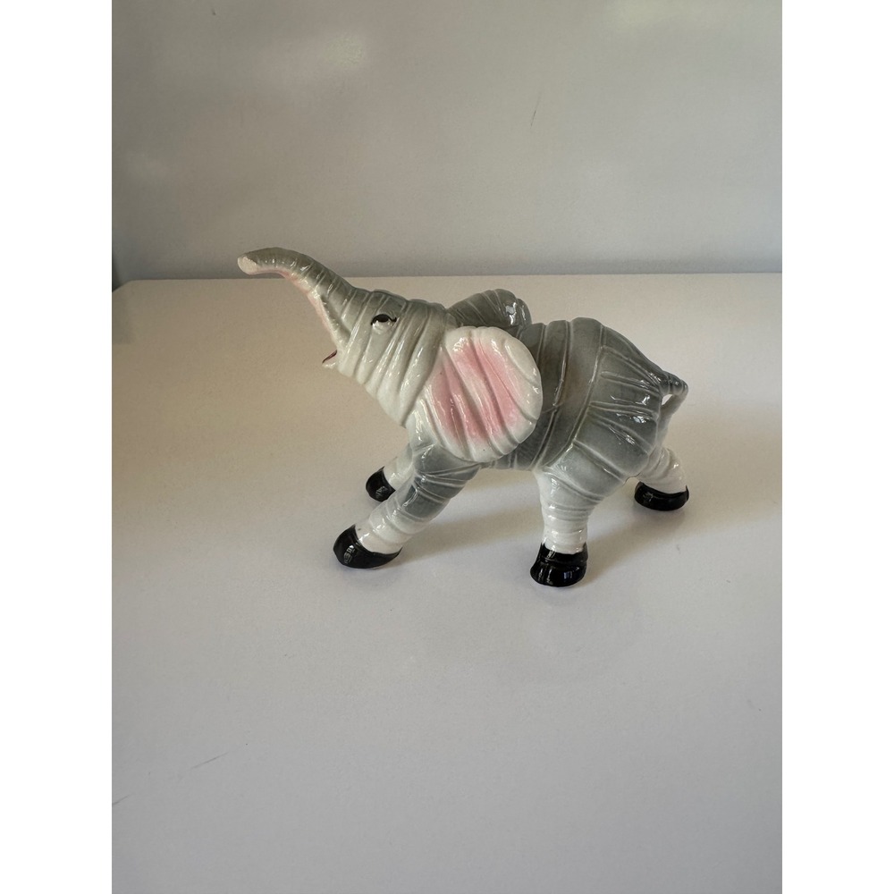 Vintage Ceramic Elephant Figurine Lucky Raised Trunk Grey Pink Glossy Glaze 6in